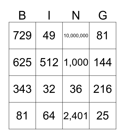 Exponent Bingo Card