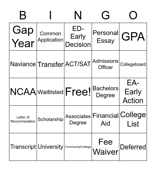 College Terms Bingo Card