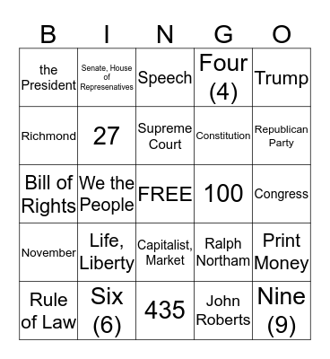 Citizenship Bingo Card