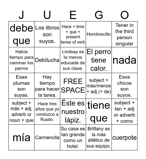 Spanish 5 Bingo by Marissa S & Danielle C Bingo Card