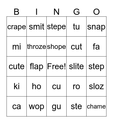 syllables open closed silent e Bingo Card