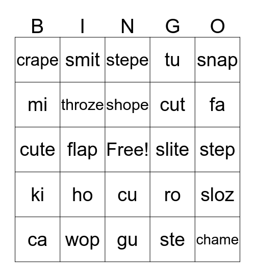 syllables open closed silent e Bingo Card