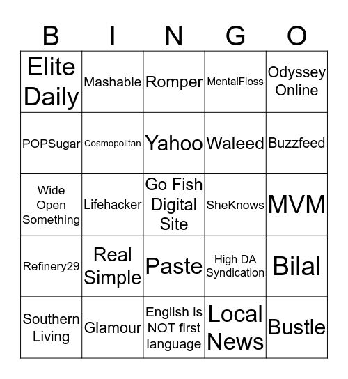 Lifestyle Bingo Card