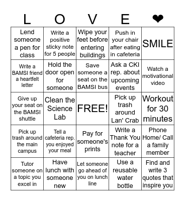 BAMSI CKI Week of LOVE Bingo Card