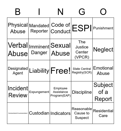 Child Abuse Bingo Card