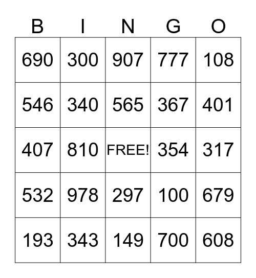 Hundreds Place Value Bingo Card