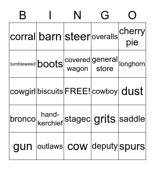 Rootin Tootin Cowboy Bingo Card
