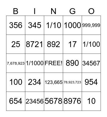 place value bingo Card