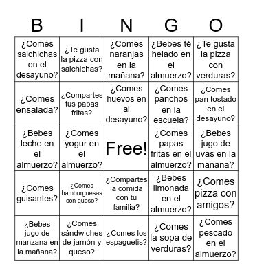 Comida del desayuno y almuerzo Bingo Card