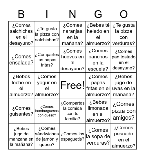 Comida del desayuno y almuerzo Bingo Card