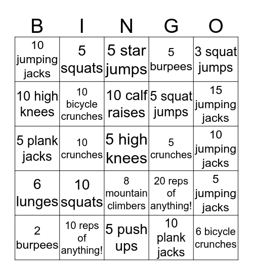 Jill and Remy's Bingo Bootcamp! Bingo Card