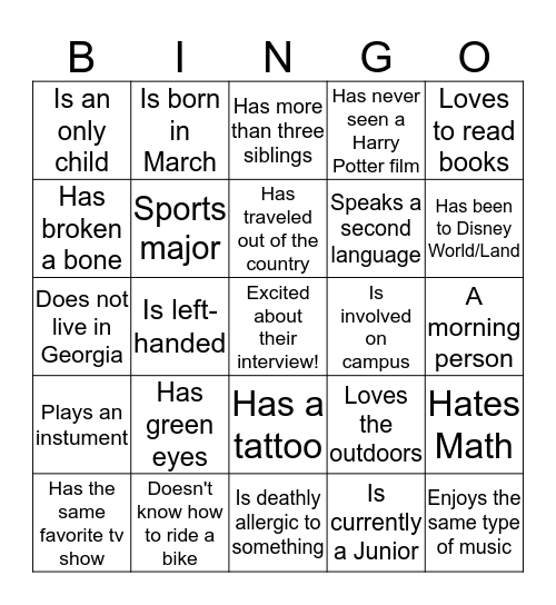 People Bingo!: Find someone who Bingo Card