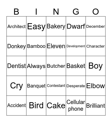 Spelling Bee Bingo Card