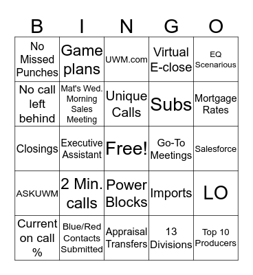 UWM Sales BINGO Card