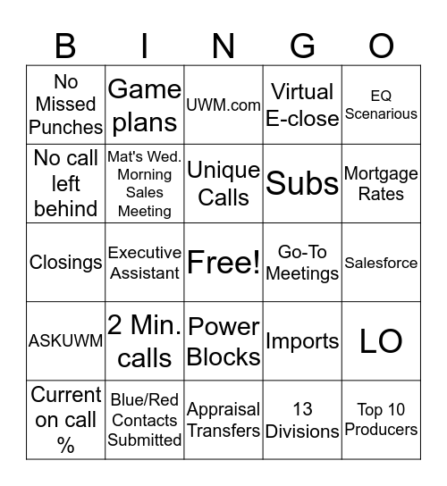 UWM Sales BINGO Card