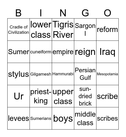 Mesopotamia Bingo Card