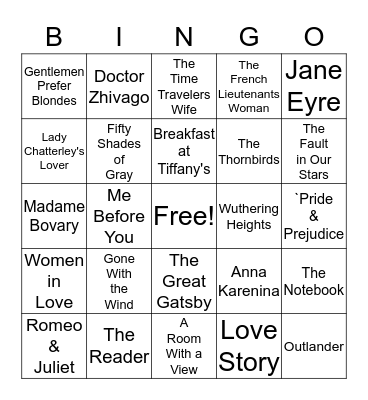Romantic Novels Bingo Card