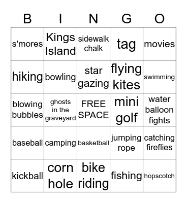 Summer Time Fun Bingo Card