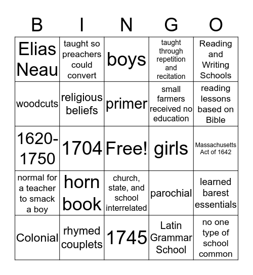 Colonial Education Bingo Card