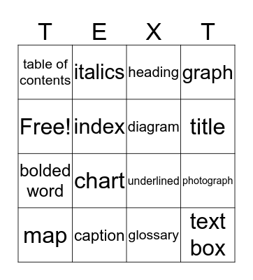 Text Feature Bingo Card