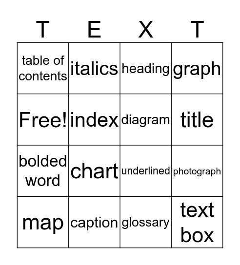Text Feature Bingo Card