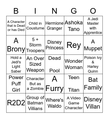 Comic Con Bingo Card