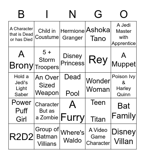 Comic Con Bingo Card