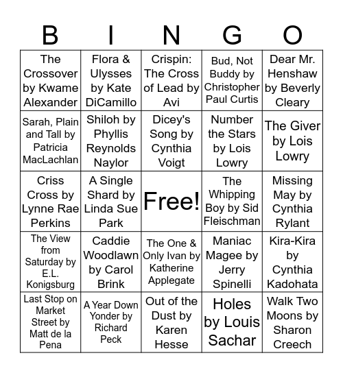 NEWBERRY MEDAL BOOK Bingo Card