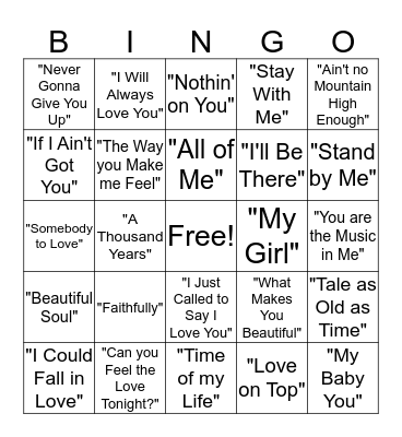 Popular Love Songs Bingo Card