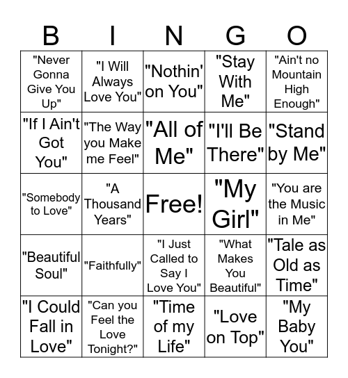 Popular Love Songs Bingo Card