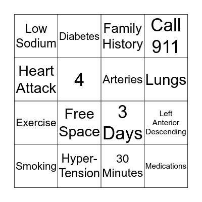 Cardiac Rehab Bingo Card