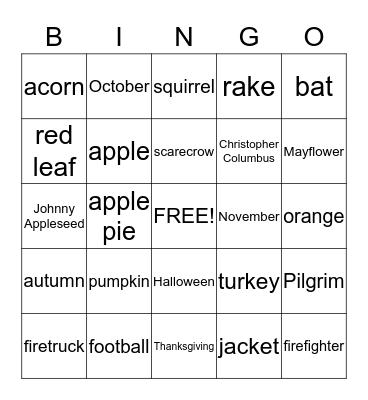 Four-in-the-Fall Bingo Card