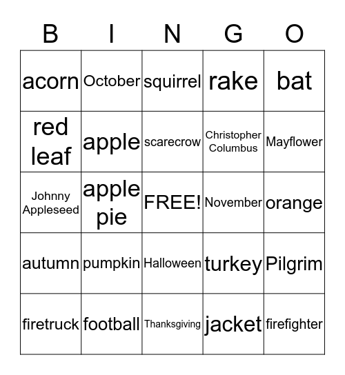 Four-in-the-Fall Bingo Card