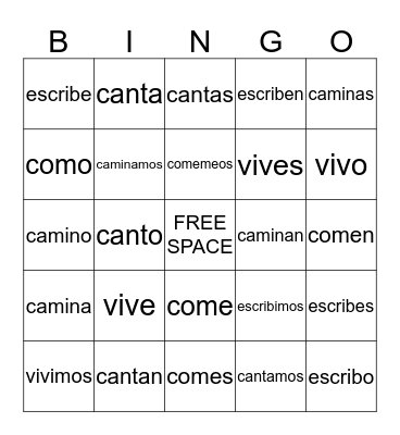 -AR -ER and -IR Endings and Conjugations Bingo Card