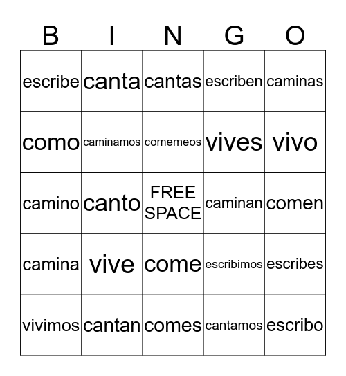 -AR -ER and -IR Endings and Conjugations Bingo Card