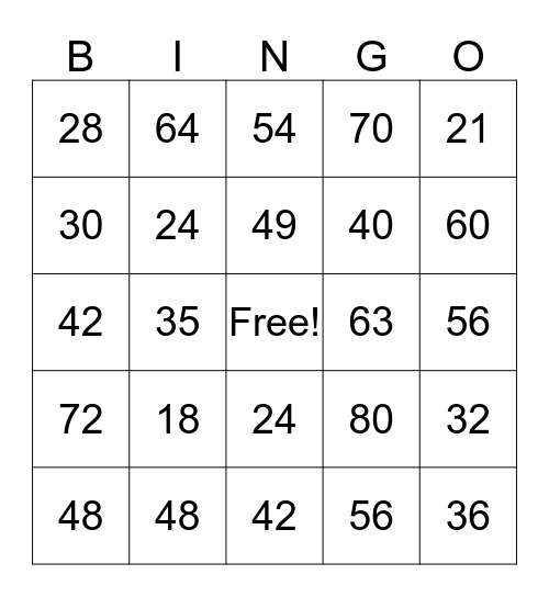 Multiplication Bingo Card