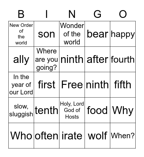 Latin Review 11-15 Bingo Card