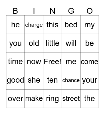 Spelling Word Bingo Card
