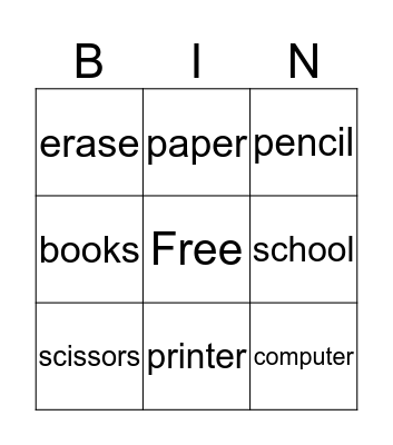 School Bingo Card