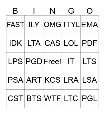 ACRONYM LOVE Bingo Card