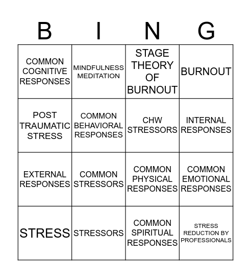 Chapter 12: Stress Management and Self Care Bingo Card