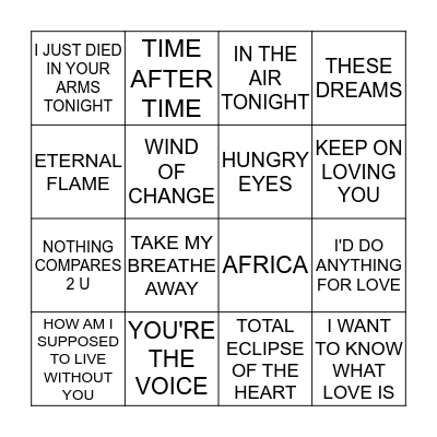 Power Ballad Music Bingo Card