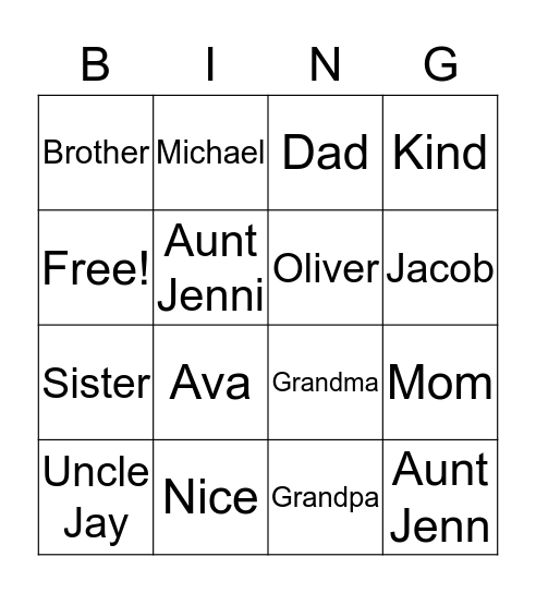 Family Bingo Card