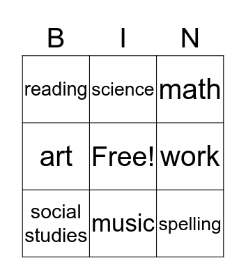 School Bingo Card