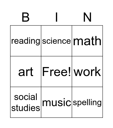 School Bingo Card