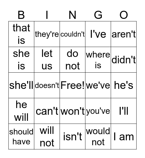 Contraction Bingo Card