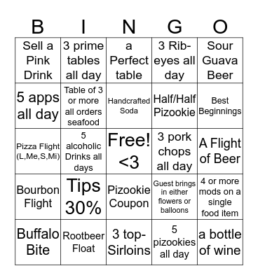 Waiter Bringo Bingo Card