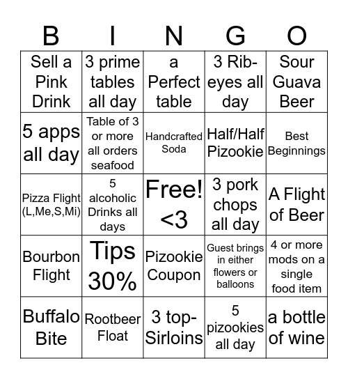 Waiter Bringo Bingo Card