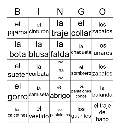 clothes in spanish bingo Card