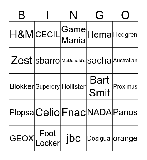 Shoppingcenter BINGO Card